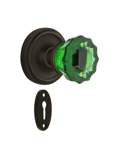 Classic Rosette Mortise Lock Set with Colored Fluted Crystal Glass Knobs Emerald in Oil-Rubbed Bronze.